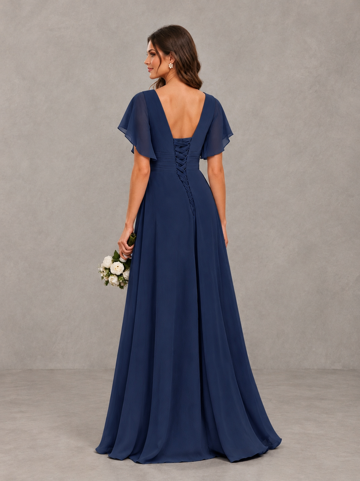 BOLODOO Navy Blue Flutter Sleeve V-Neck Bridesmaid Dress with Ruffle Slit - Navy Blue - Navy Blue_2