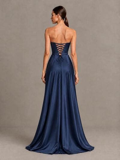 BOLODOO Navy Blue Strapless Satin High-Slit Lace-Up Prom Dress - Navy Blue - Navy Blue_2