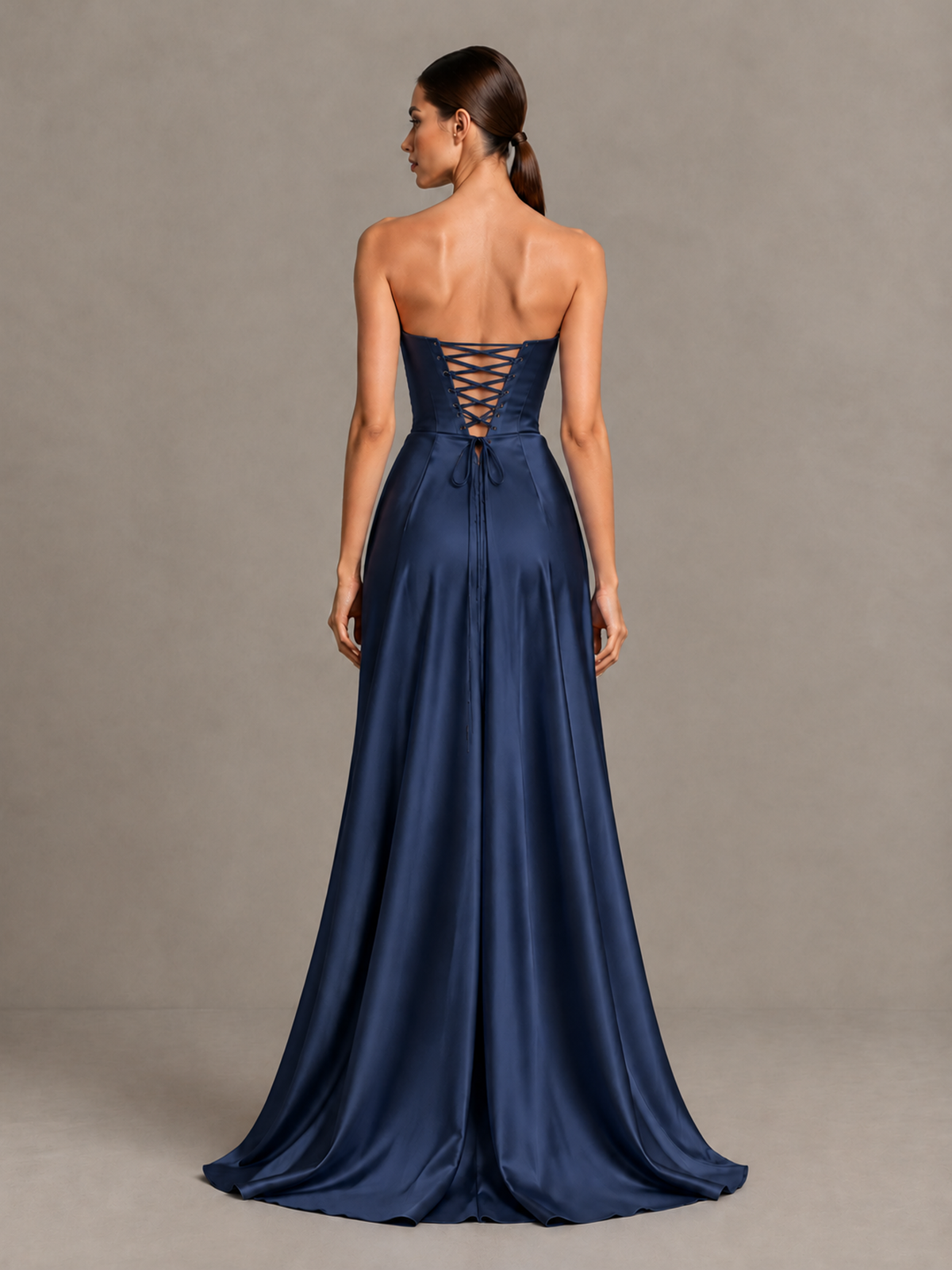 BOLODOO Navy Blue Strapless Satin High-Slit Lace-Up Prom Dress - Navy Blue - Navy Blue_2