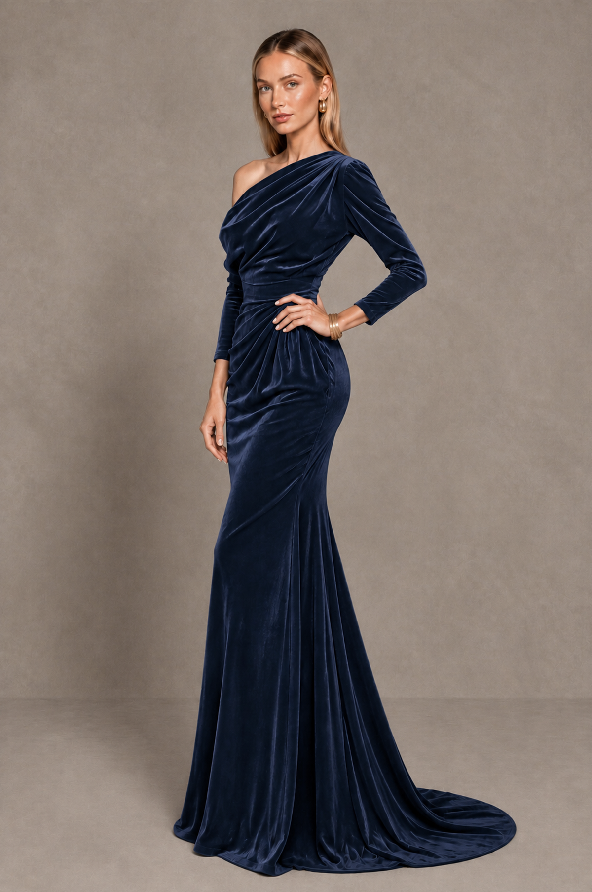 BOLODOO Navy Blue Velvet Asymmetric Neck Mermaid Evening Dress - Navy Blue - Navy_Blue_2