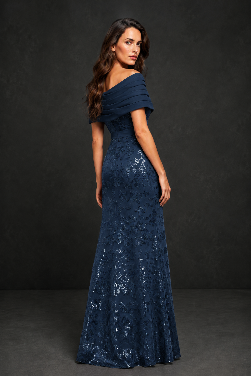 BOLODOO Navy Blue Off-Shoulder Sequin Lace Mermaid Evening Gown | Mother of the Bride Formal Dress - Navy Blue