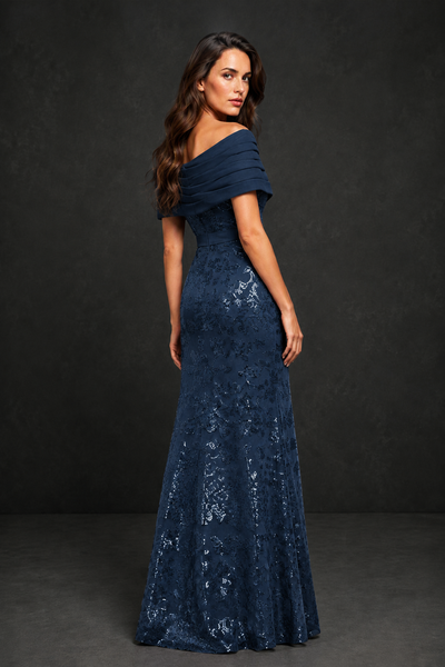 BOLODOO Navy Blue Off-Shoulder Sequin Lace Mermaid Evening Gown | Mother of the Bride Formal Dress - Navy Blue