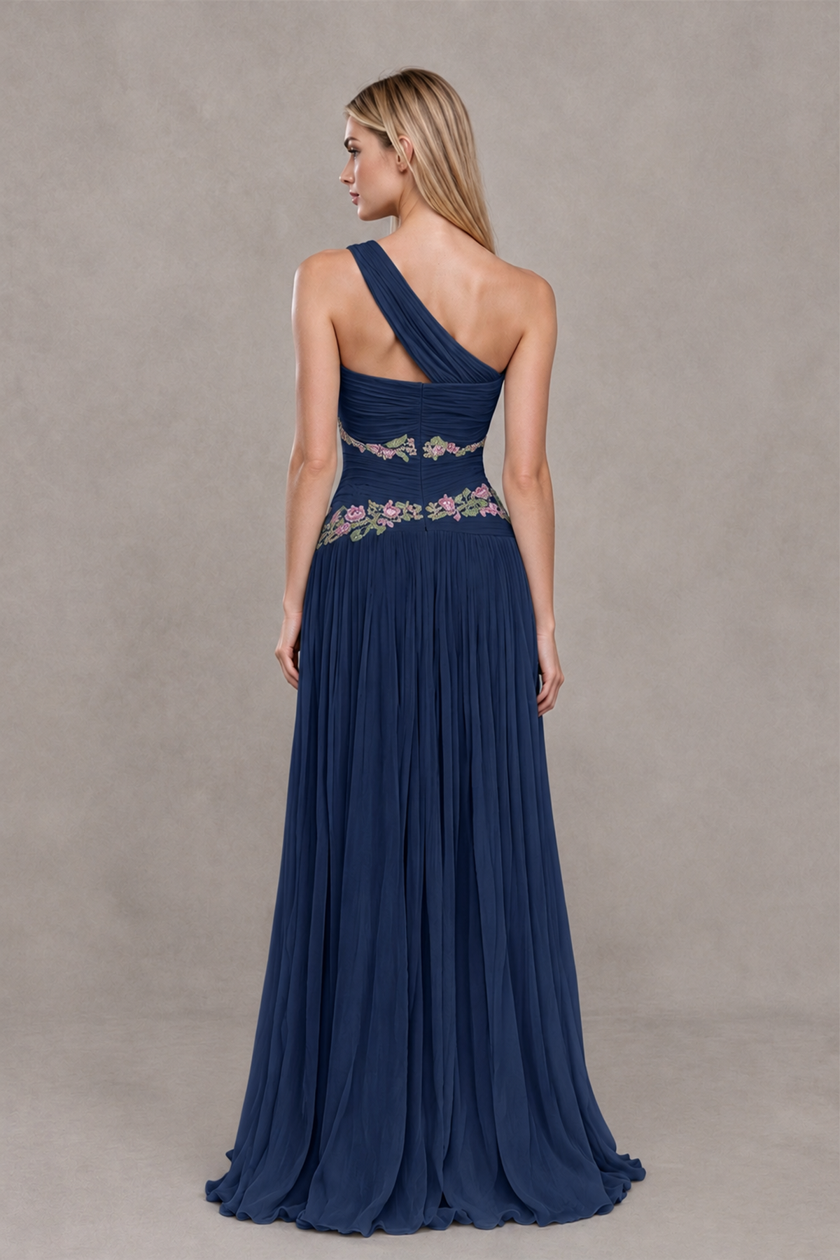 BOLODOO Navy Blue One-Shoulder Floral Applique A-Line Evening Dress - Navy Blue - Navy Blue_2
