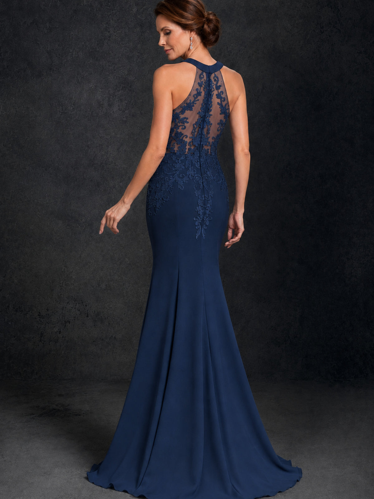 BOLODOO Navy Blue Lace Applique Halter Neck Sheer Back Mermaid Maxi Dress with Sweep Train - Navy Blue