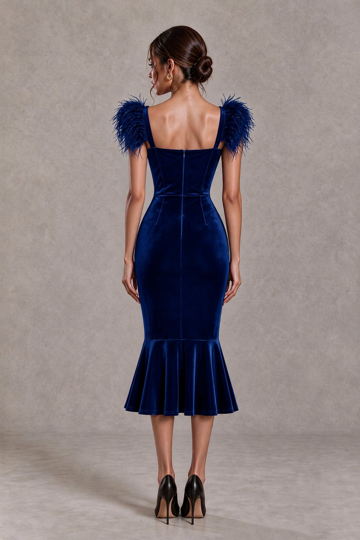 BOLODOO Navy Blue Feather-Trim Velvet-Look Mermaid Midi Dress - Navy Blue - Navy Blue_2