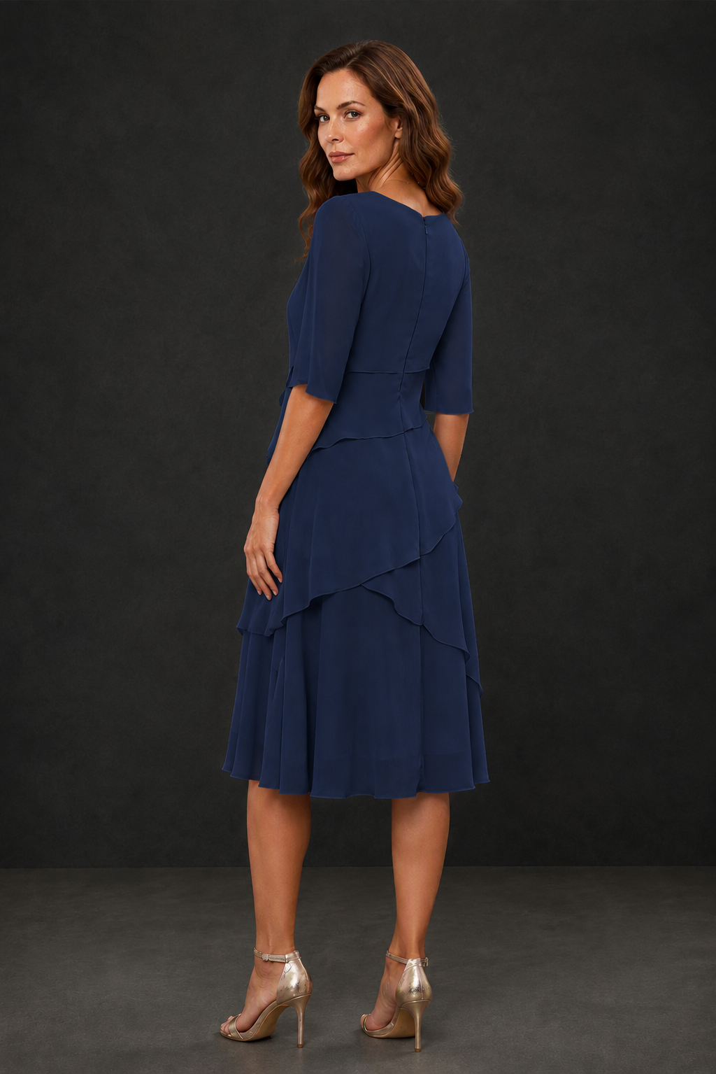 BOLODOO Navy Blue Chiffon 3/4 Sleeve Asymmetric Tiered Tea Length Dress | Mother of the Bride Midi Dress - Navy Blue