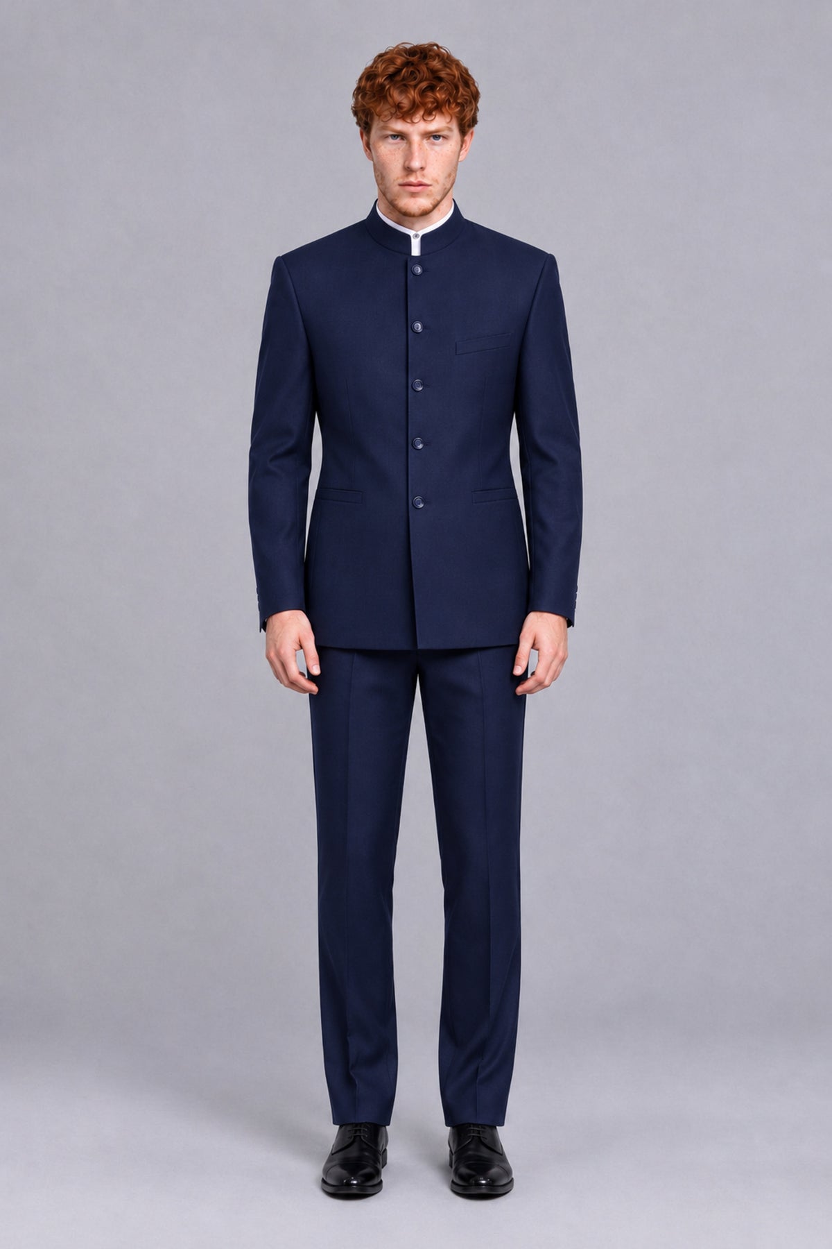 BOLODOO Men's Navy Blue Mandarin Collar Two-Piece Suit - Navy Blue - Navy Blue_2