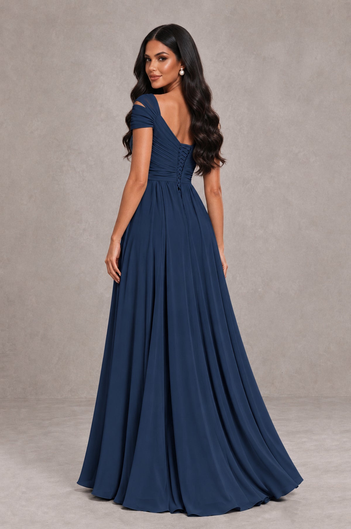 BOLODOO Navy Blue Cold Shoulder Chiffon Evening Dress with V Neck and High Slit - Navy Blue - Navy Blue_2