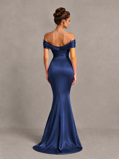 BOLODOO Navy Blue Off-Shoulder Satin Mermaid Prom Dress - Navy Blue - Navy Blue_2