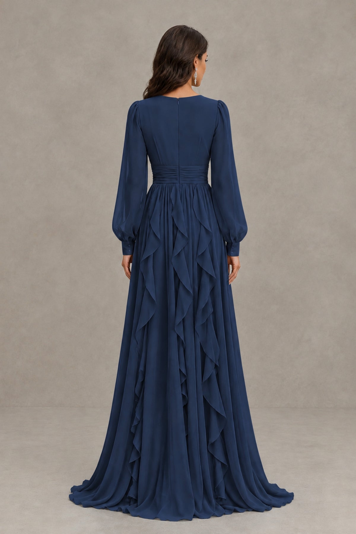 BOLODOO Navy Blue Long Sleeve V-Neck Ruffle Maxi Dress - Navy Blue