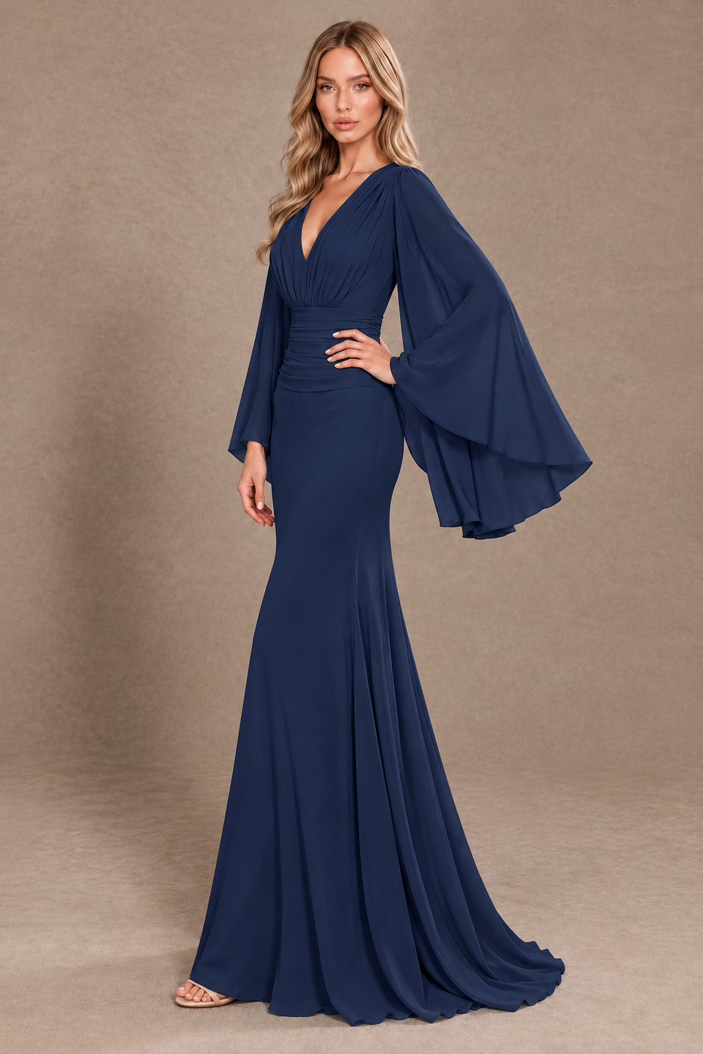 BOLODOO Navy Blue Cape Sleeve V-Neck Ruched Chiffon Evening Dress - Navy Blue - Navy Blue_2
