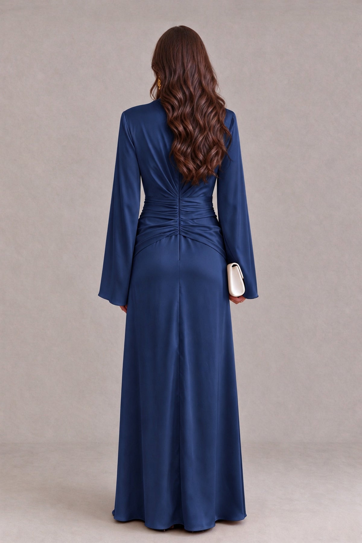 BOLODOO Navy Blue Yellow Satin-Look V-Neck Long Bell Sleeve Evening Dress - Navy Blue - Navy_Blue_2