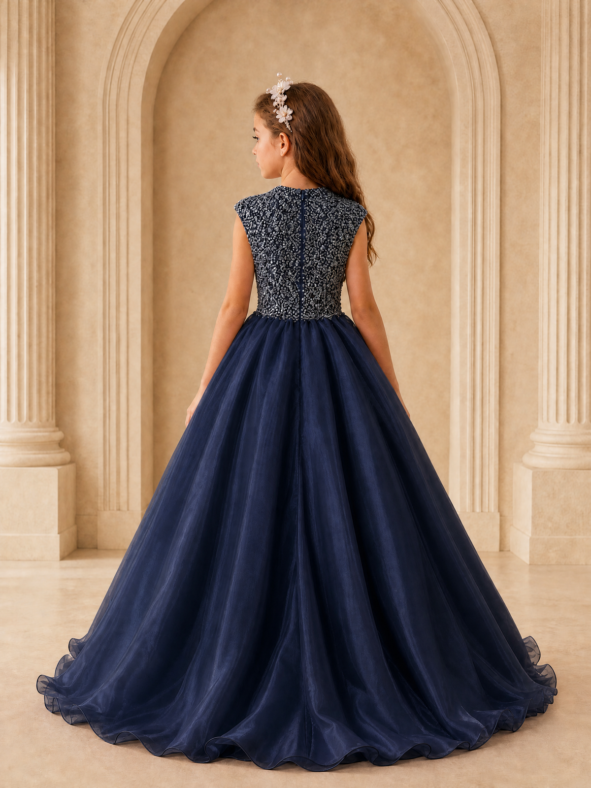 BOLODOO Navy Blue Sequin Tulle Flower Girl Dress with Cap Sleeves - Navy Blue - Navy Blue_2