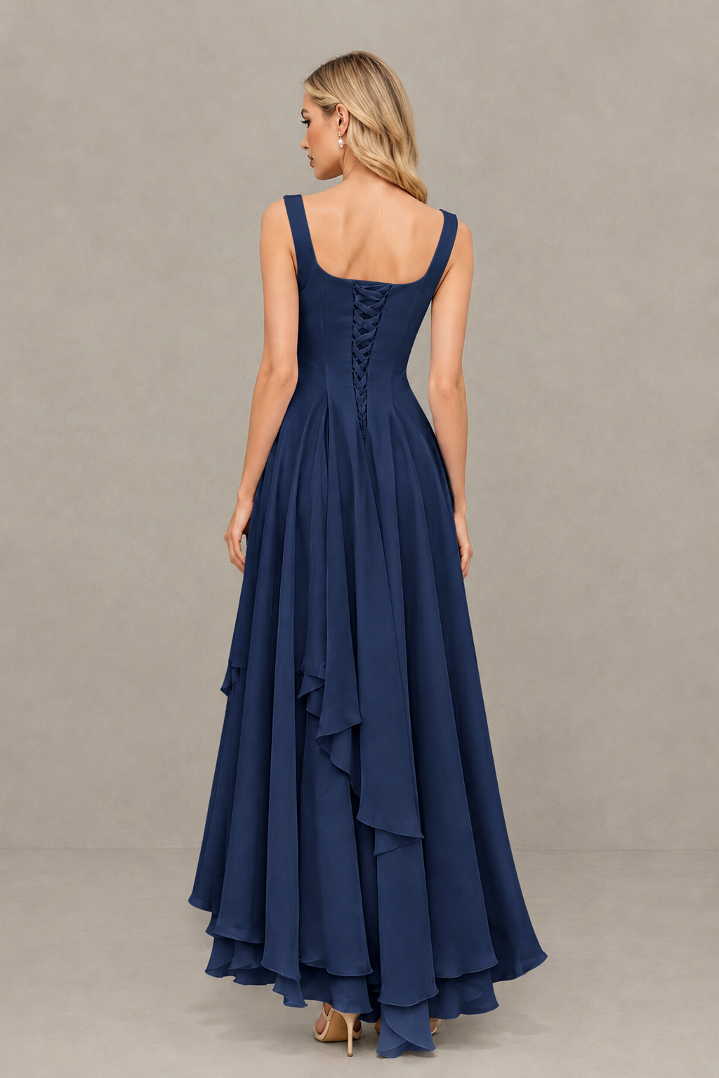 BOLODOO Navy Blue Square Neck Chiffon Bridesmaid Dress with Lace-Up Back - Navy Blue