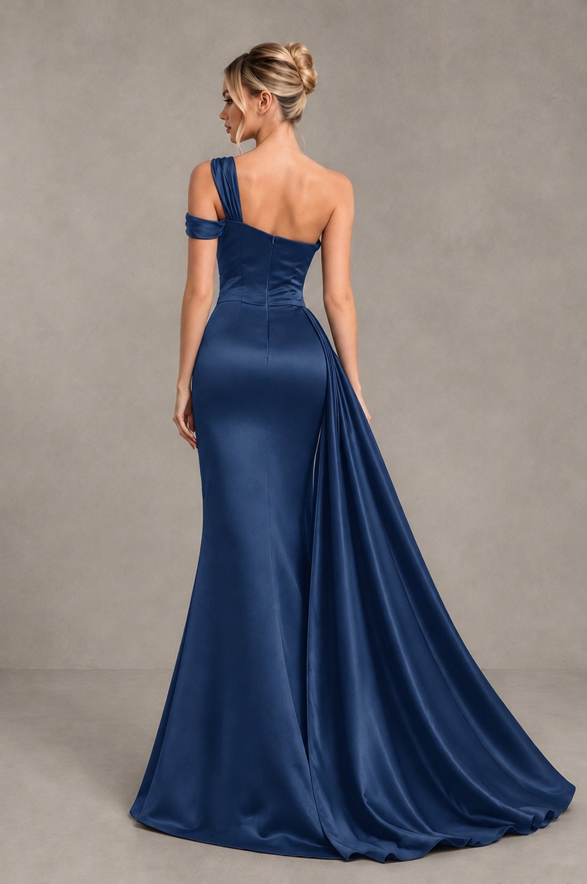 BOLODOO Navy Blue Asymmetric Ruched Formal Evening Dress - Navy Blue - Navy Blue_2