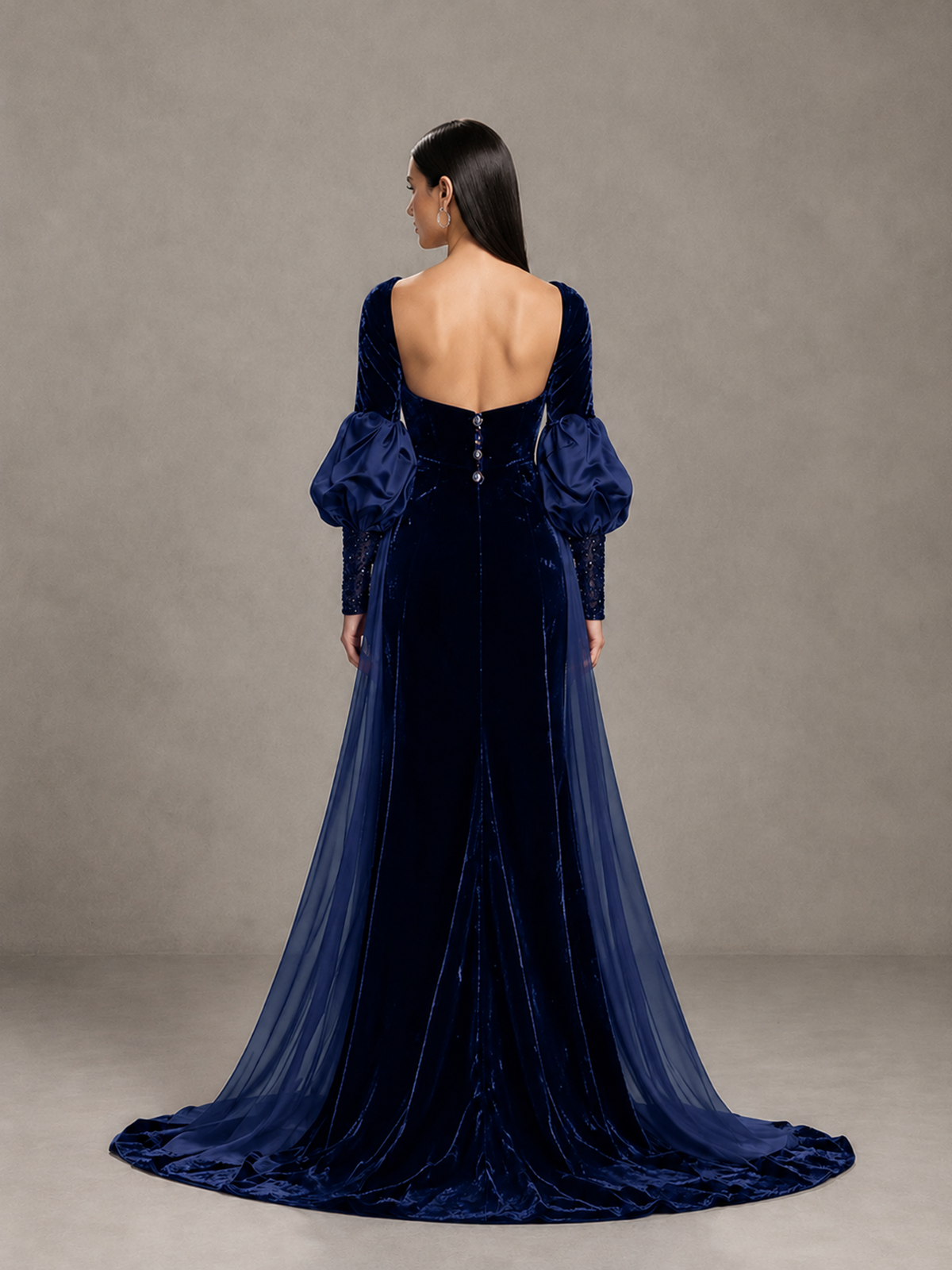 BOLODOO Navy Blue Velvet Long Sleeve Open-Back Evening Gown - Navy Blue - Navy Blue_2