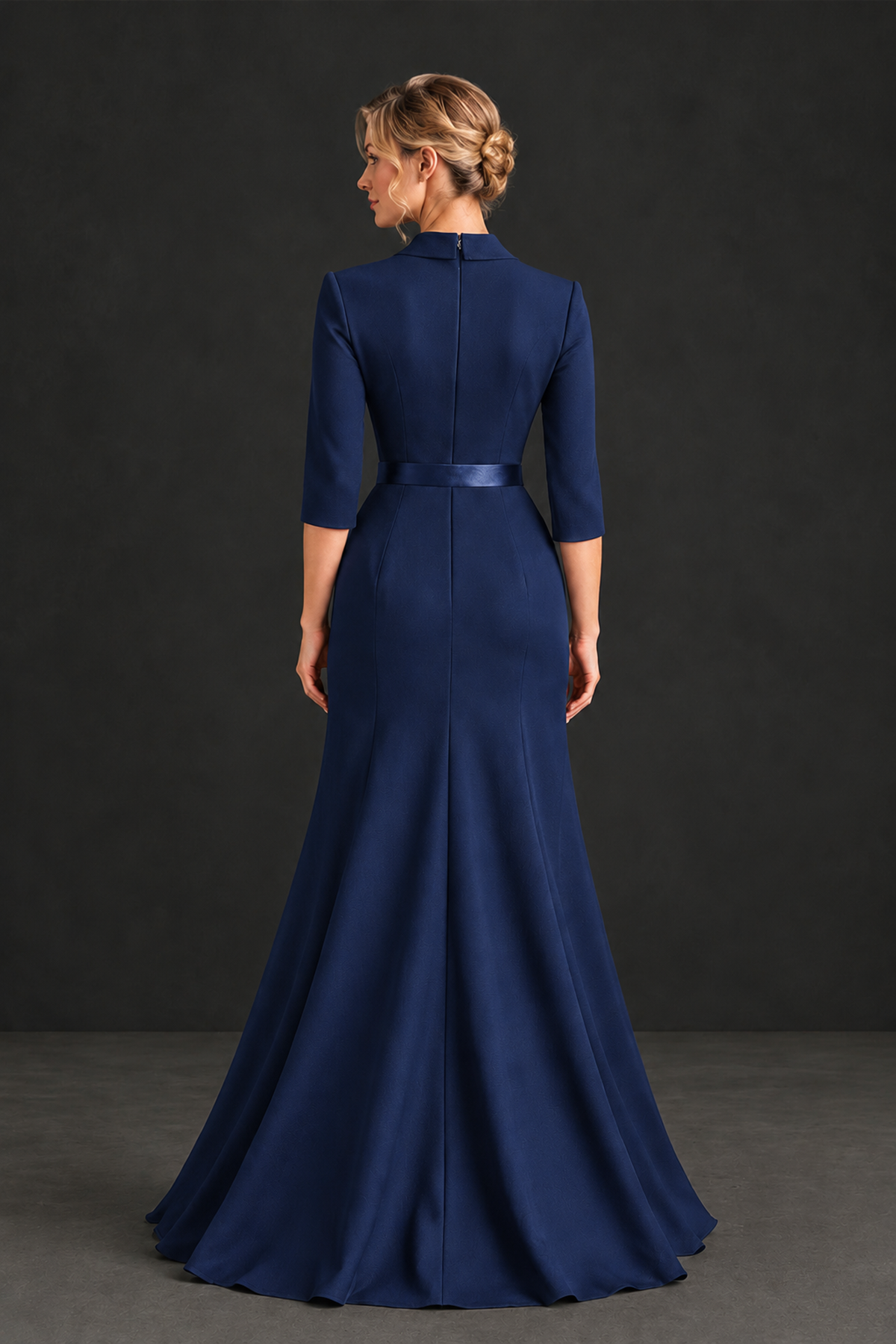 BOLODOO Navy Blue Lapel Ruffle Mother of the Bride Dress with Belt - Navy Blue - Navy Blue_2