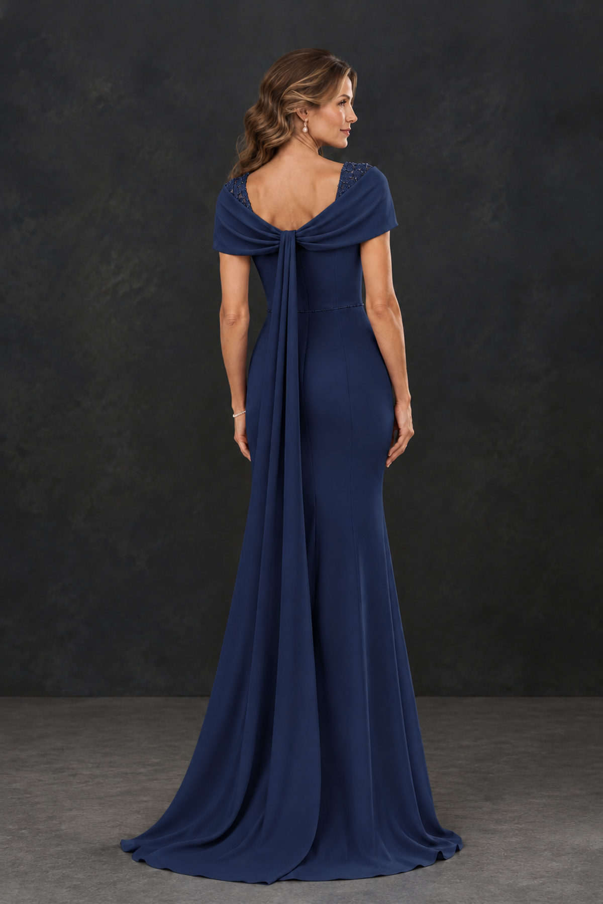 BOLODOO Navy Blue Mother of the Bride Dress with Draped Cape Detail - Navy Blue - Navy_Blue_2