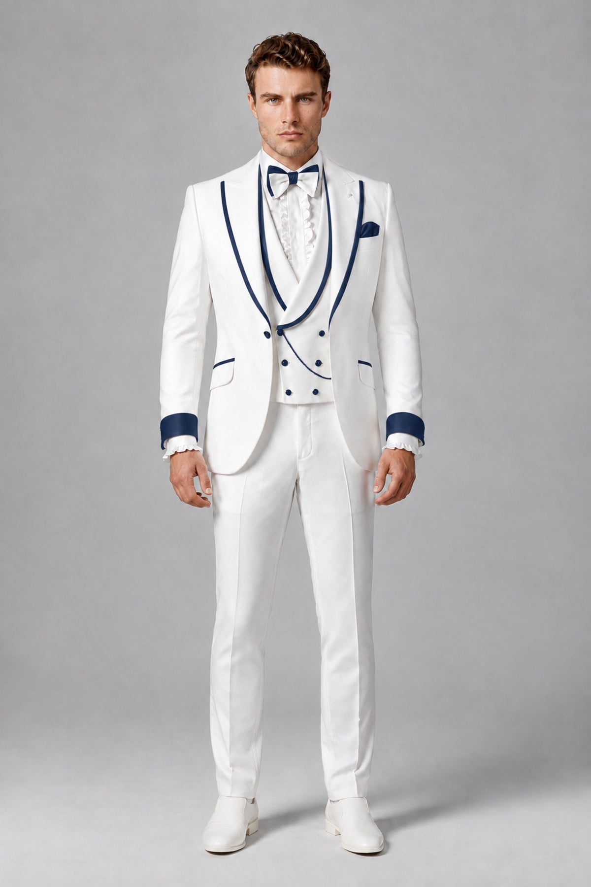 Bolodoo Men's White and Navy Blue Three-Piece Wedding Tuxedo Suit - Navy Blue - Navy Blue_2