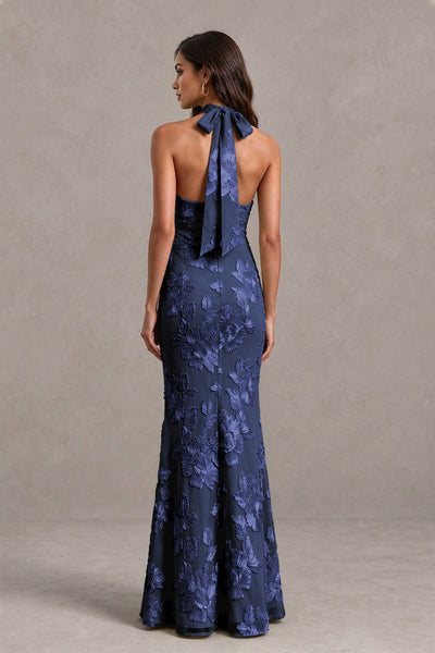 BOLODOO Navy Blue Floral Jacquard Halter Maxi Dress - Navy Blue - Navy Blue(2)