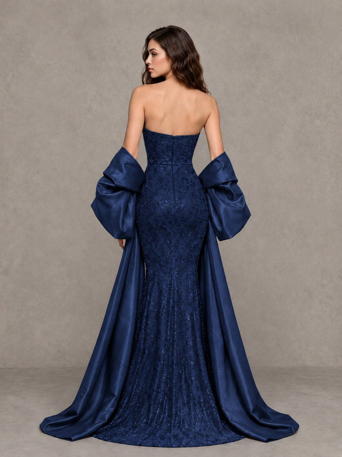 BOLODOO Navy Blue Strapless Sparkle Mermaid Prom Dress with Front Slit and Draped Sleeves - Navy Blue - Navy Blue_2