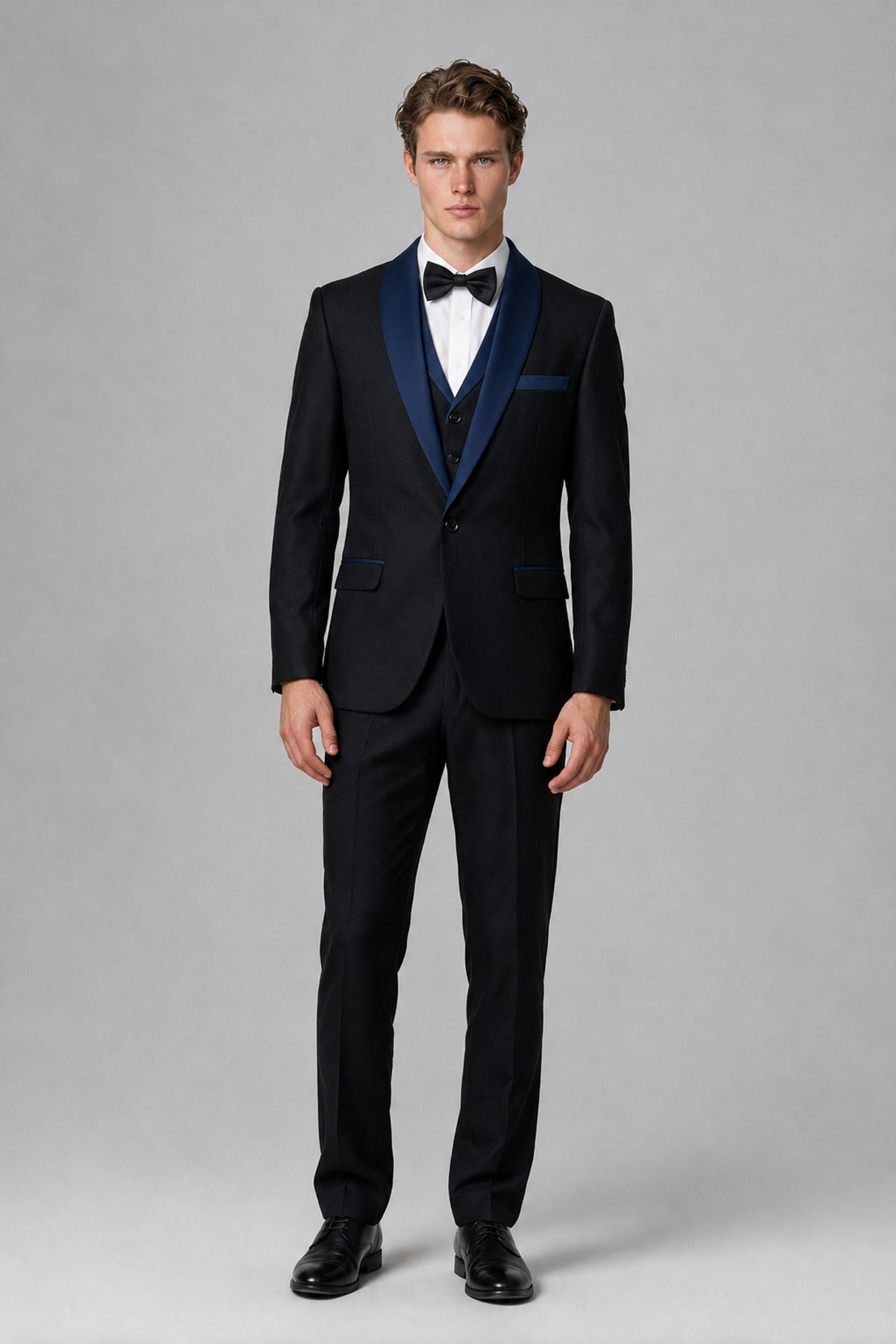 Bolodoo Men's Navy Blue 3-Piece Shawl Lapel Tuxedo Suit - Navy Blue - Navy Blue_2