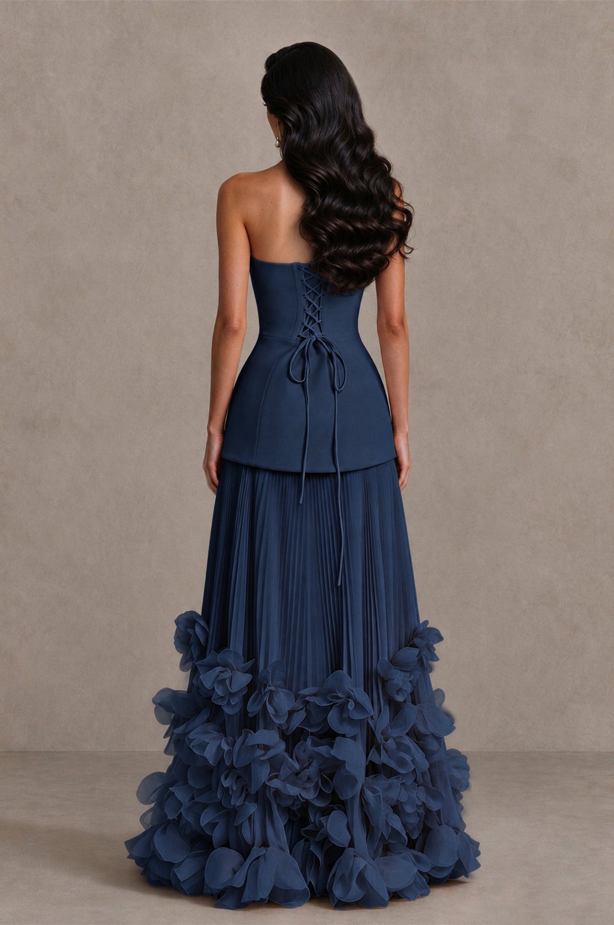 BOLODOO Navy Blue Strapless Pleated Floral Hem Evening Gown - Navy Blue - Navy Blue_2