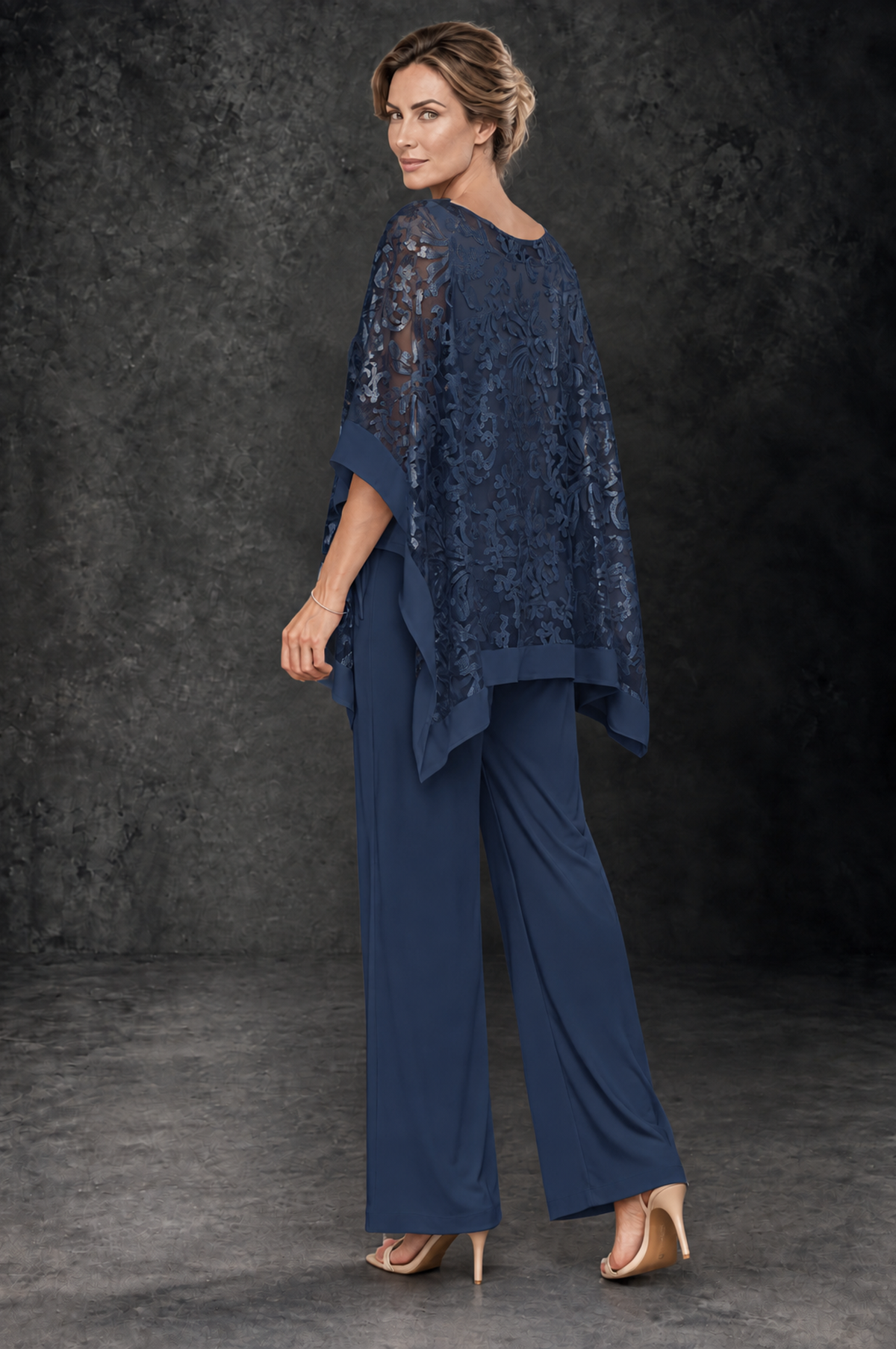 BOLODOO Navy Blue Floral Cape Mother of the Bride Pant Suit - Navy Blue - Navy_Blue_2