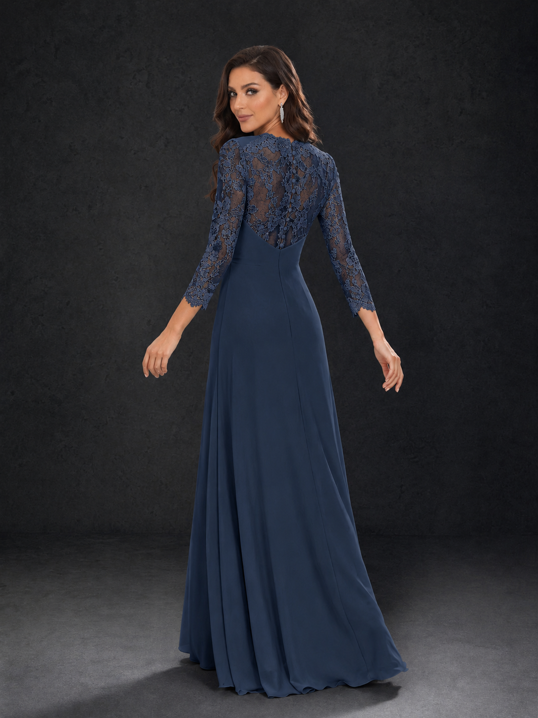 BOLODOO Navy Blue Lace Sleeve V-Neck Floral Waist Chiffon A-Line Maxi Dress - Navy Blue