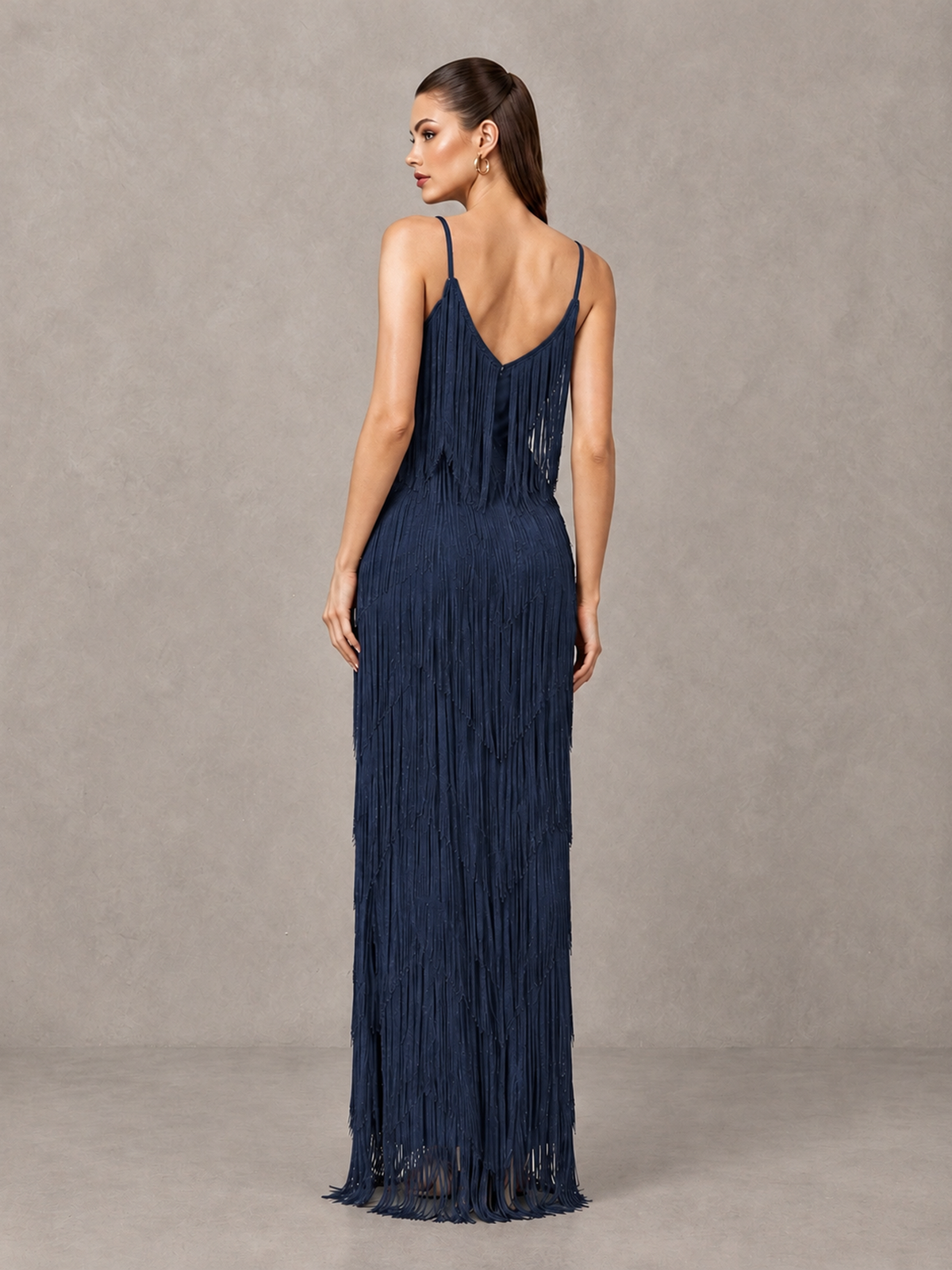 BOLODOO Navy Blue V-Neck Spaghetti Strap Fringe Maxi Evening Dress - Navy Blue - Navy Blue_2