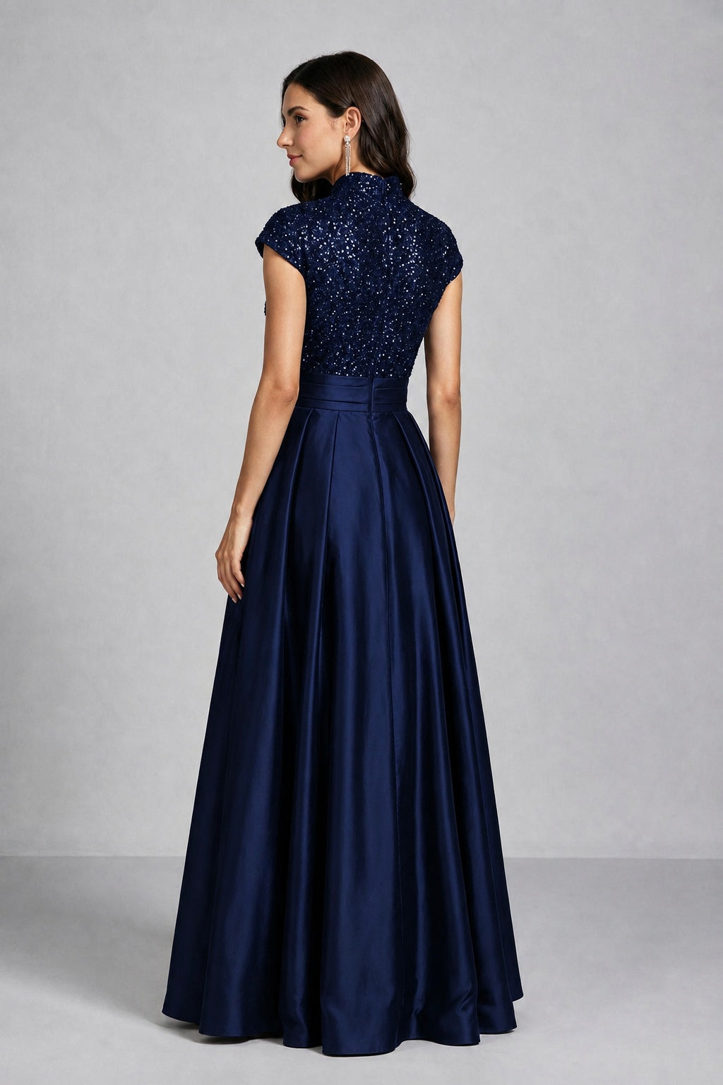 BOLODOO Navy Blue Sequin Embroidered High Neck Cap Sleeve A-Line Ball Gown – Formal Evening Dress - Navy Blue