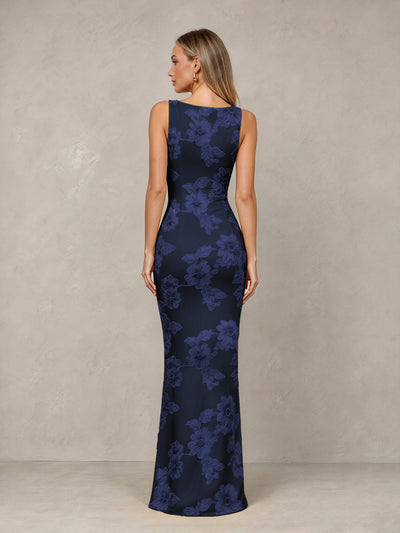 BOLODOO Navy Blue Floral Sleeveless Maxi Wedding Guest Dress - Navy Blue - Navy Blue(2)