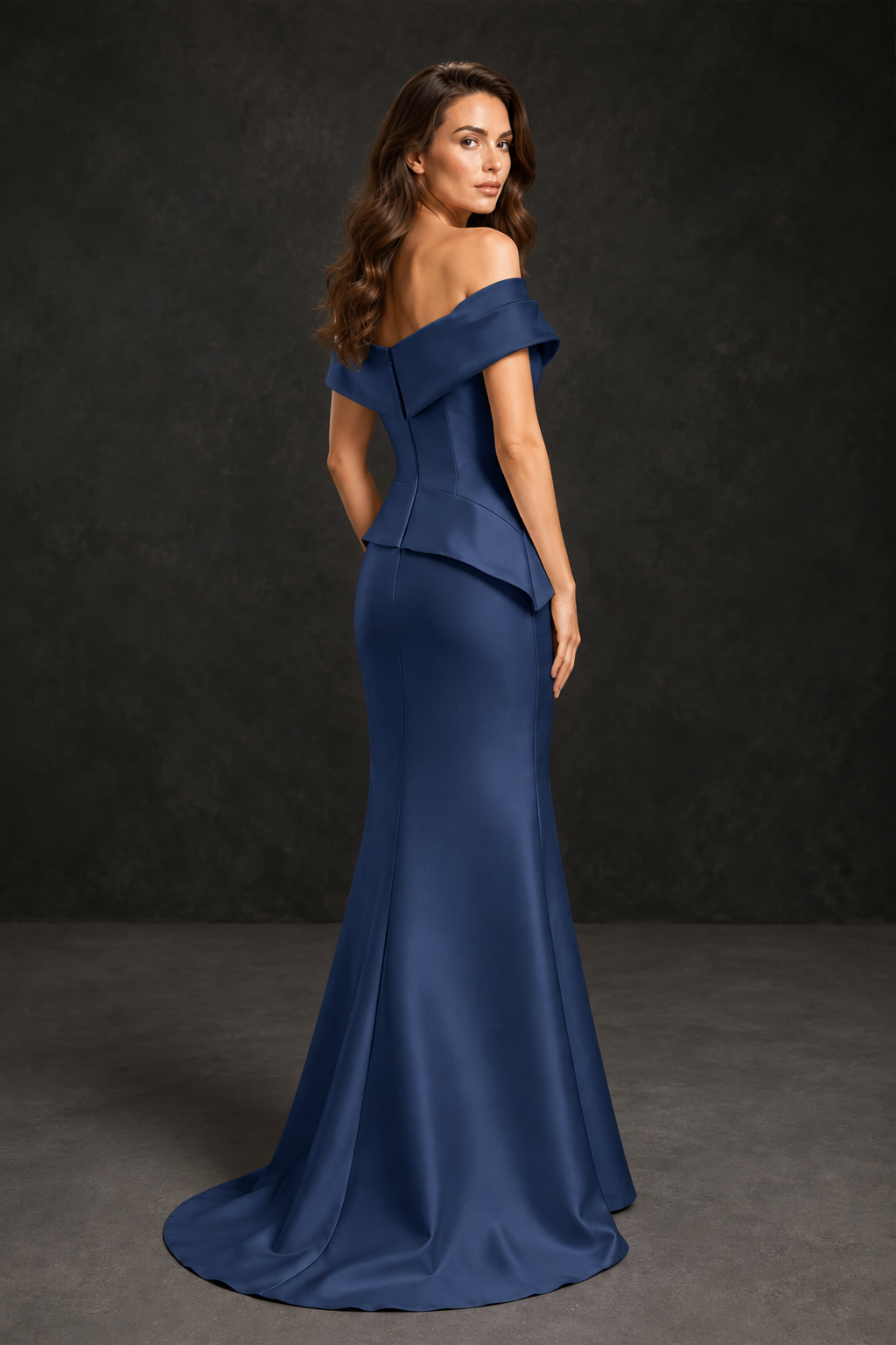 BOLODOO Navy Blue Satin Off-Shoulder Sweetheart Asymmetric Peplum Mermaid Gown with Navy Blue Floral Embroidery | MOB Evening Dress - Navy Blue