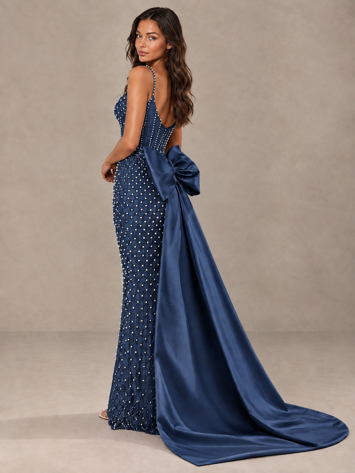 BOLODOO Navy Blue Beaded Corset Prom Dress with Bow Train - Navy Blue - Navy_Blue_2
