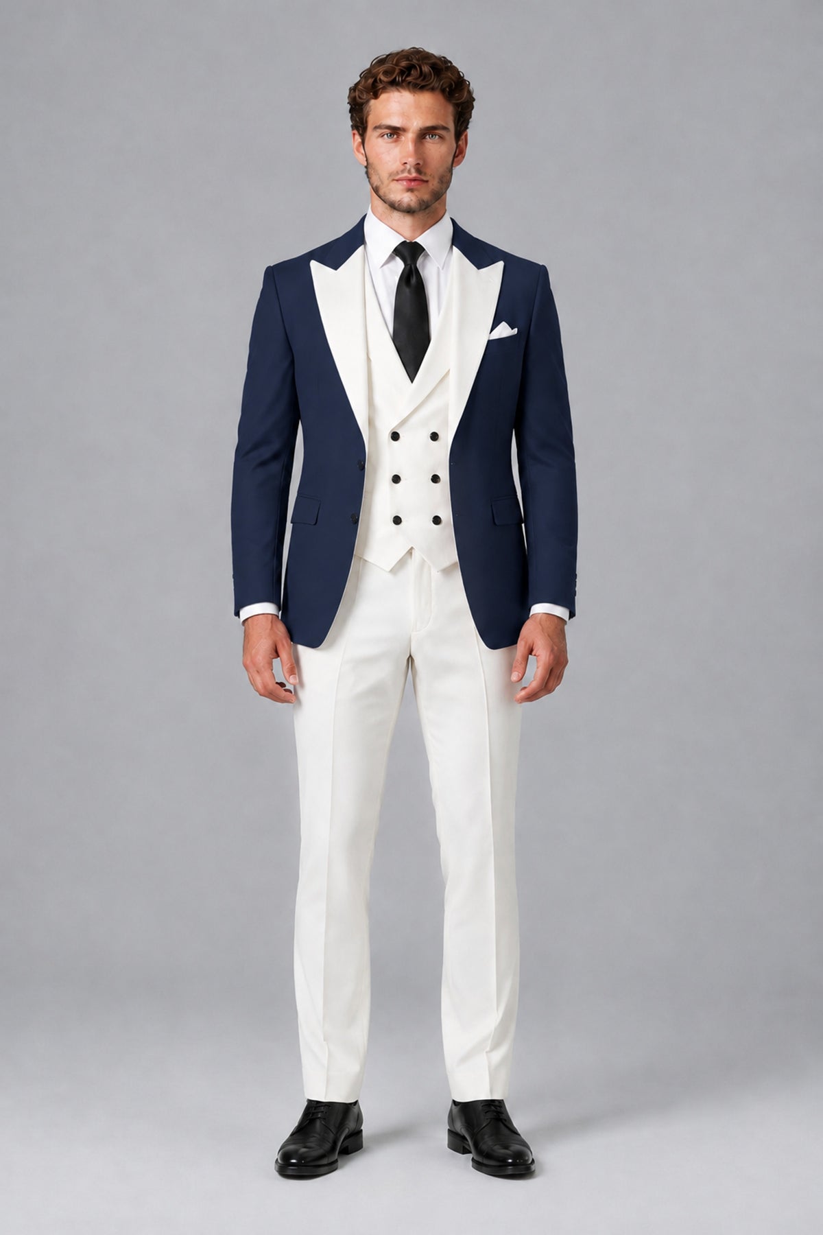 BOLODOO Men's Navy Blue Satin 3-Piece Suit | Blazer, Vest & Trousers Set - Navy Blue - Navy Blue_2