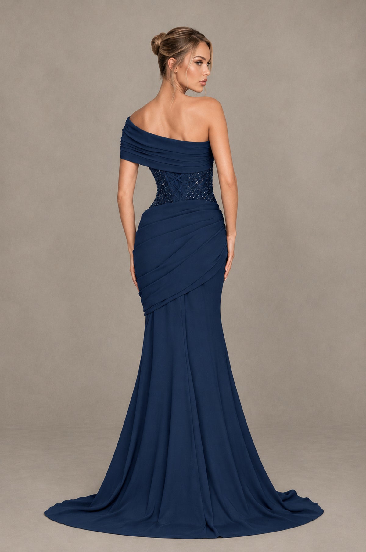 BOLODOO Navy Blue One-Shoulder Sequin Embroidered Ruched Mermaid Gown with Train - Navy Blue - Navy Blue_2