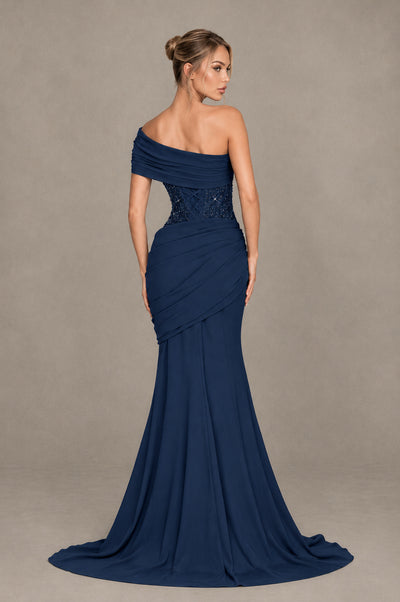 BOLODOO Navy Blue One-Shoulder Sequin Embroidered Ruched Mermaid Gown with Train - Navy Blue - Navy Blue_2