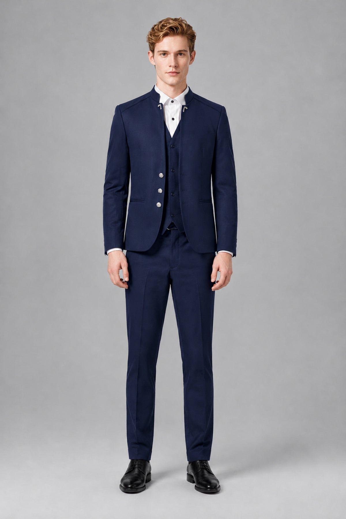 Bolodoo Men's Navy Blue Mandarin Collar 3-Piece Suit – Jacket, Vest & Trousers - Navy Blue - Navy Blue_2