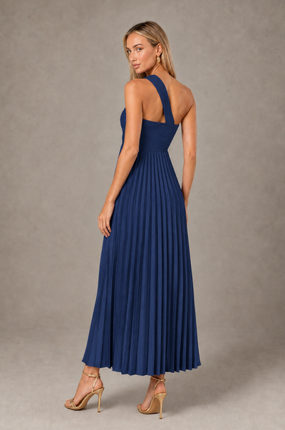 BOLODOO Navy Blue One-Shoulder Twist Knot Pleated Satin Midi Dress with Cutout - Navy Blue - Navy_Blue_2
