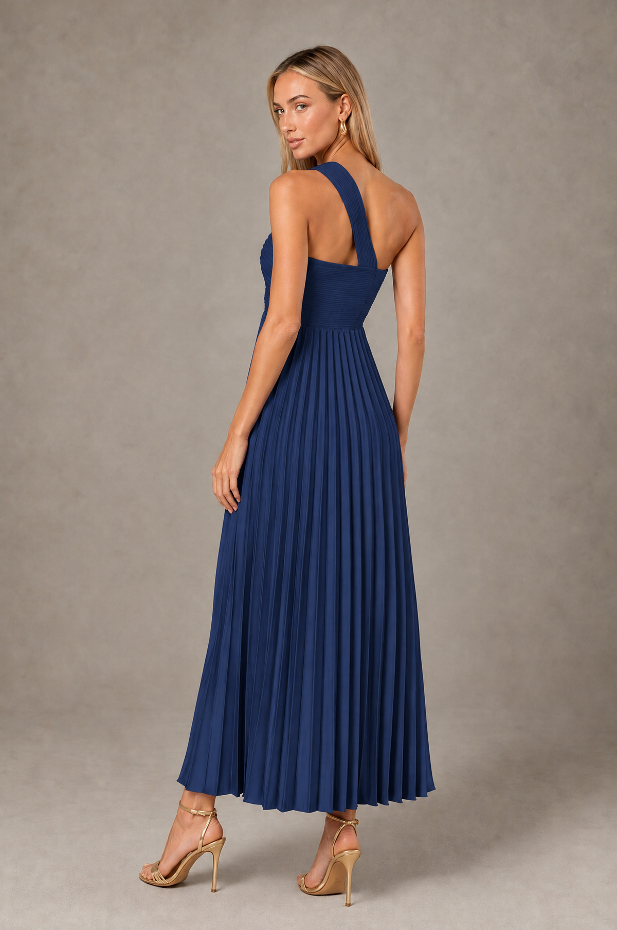 BOLODOO Navy Blue One-Shoulder Twist Knot Pleated Satin Midi Dress with Cutout - Navy Blue - Navy_Blue_2
