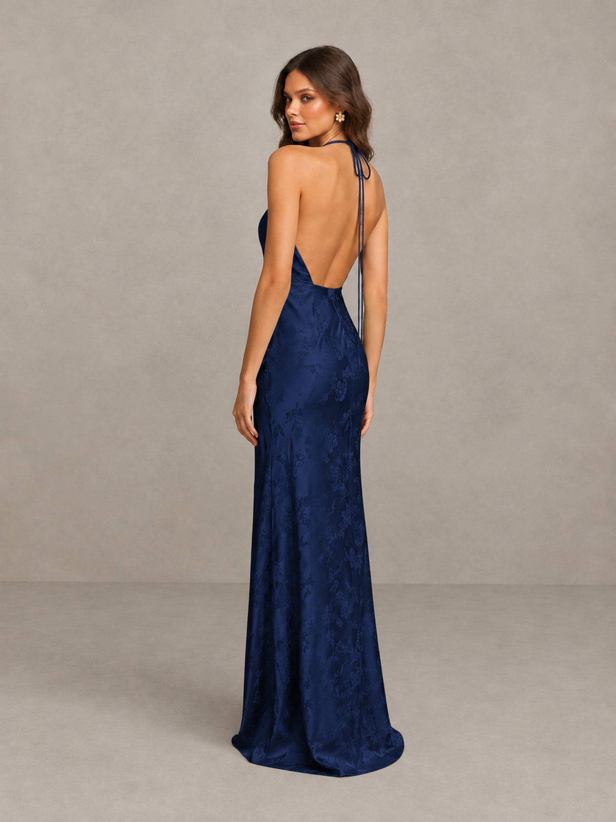 BOLODOO Navy Blue Floral Satin Open-Back Bridesmaid Dress - Navy Blue - Navy Blue_2