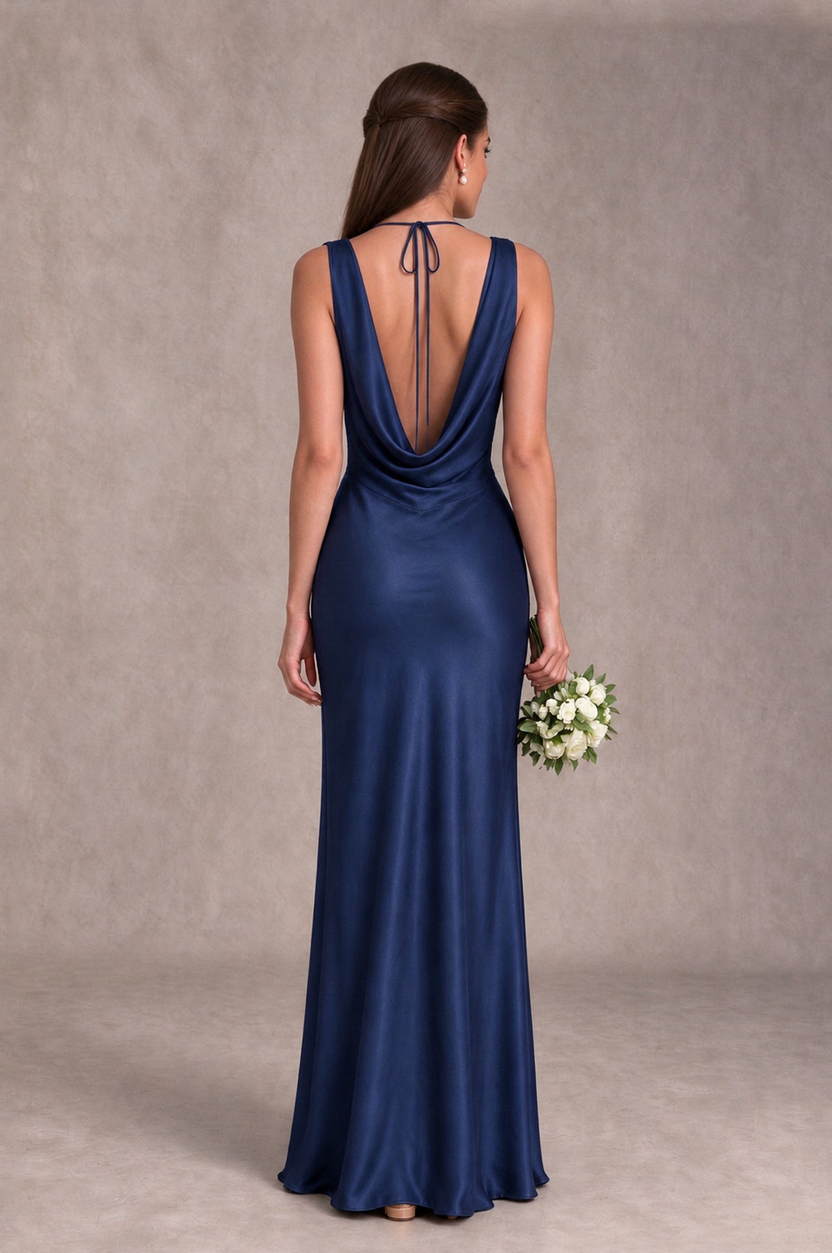 BOLODOO Navy Blue Cowl Neck Open Back Satin Bridesmaid Dress - Navy Blue - Navy Blue_2