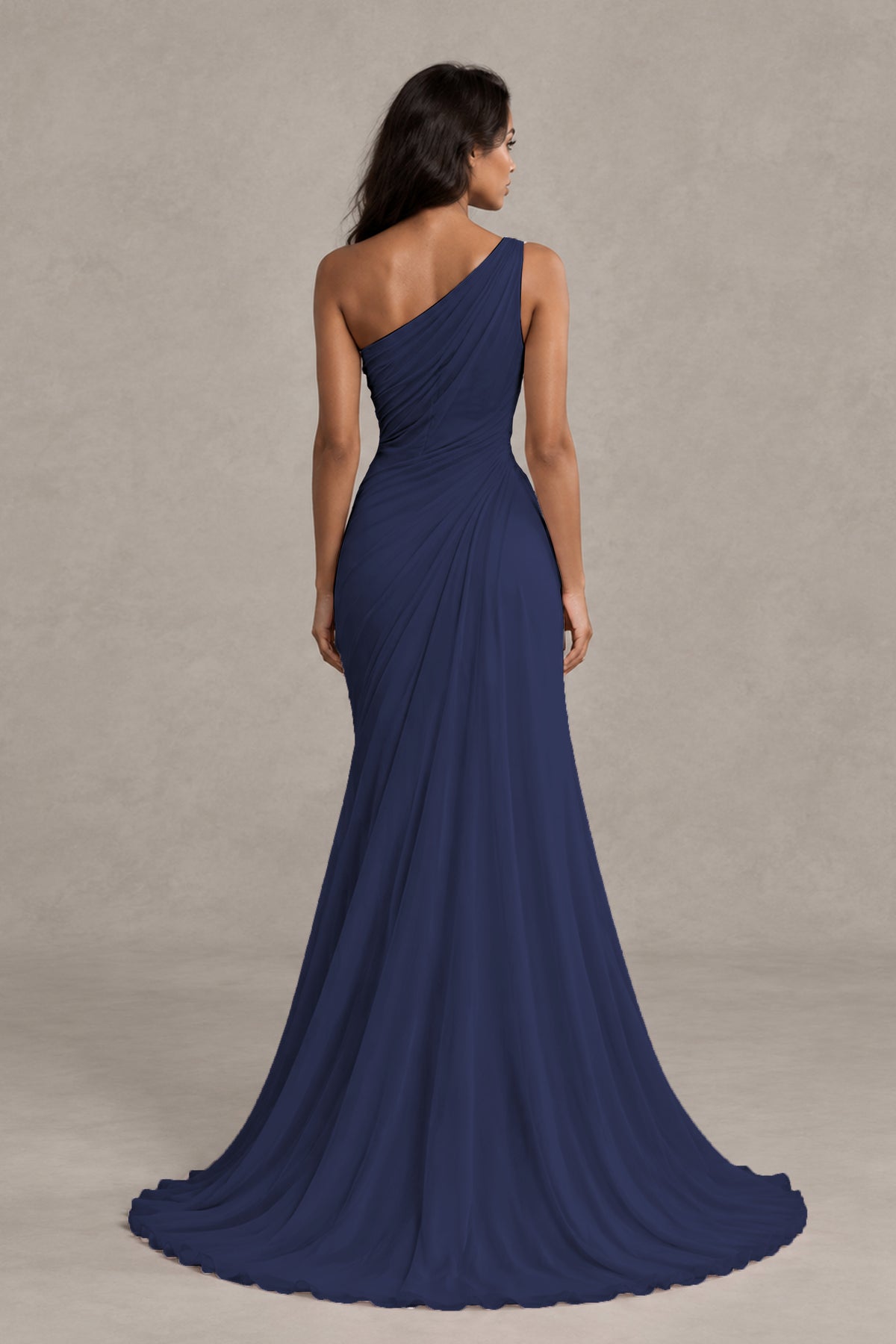 BOLODOO Navy Blue One-Shoulder Floral Ruched Maxi Dress - Navy Blue
