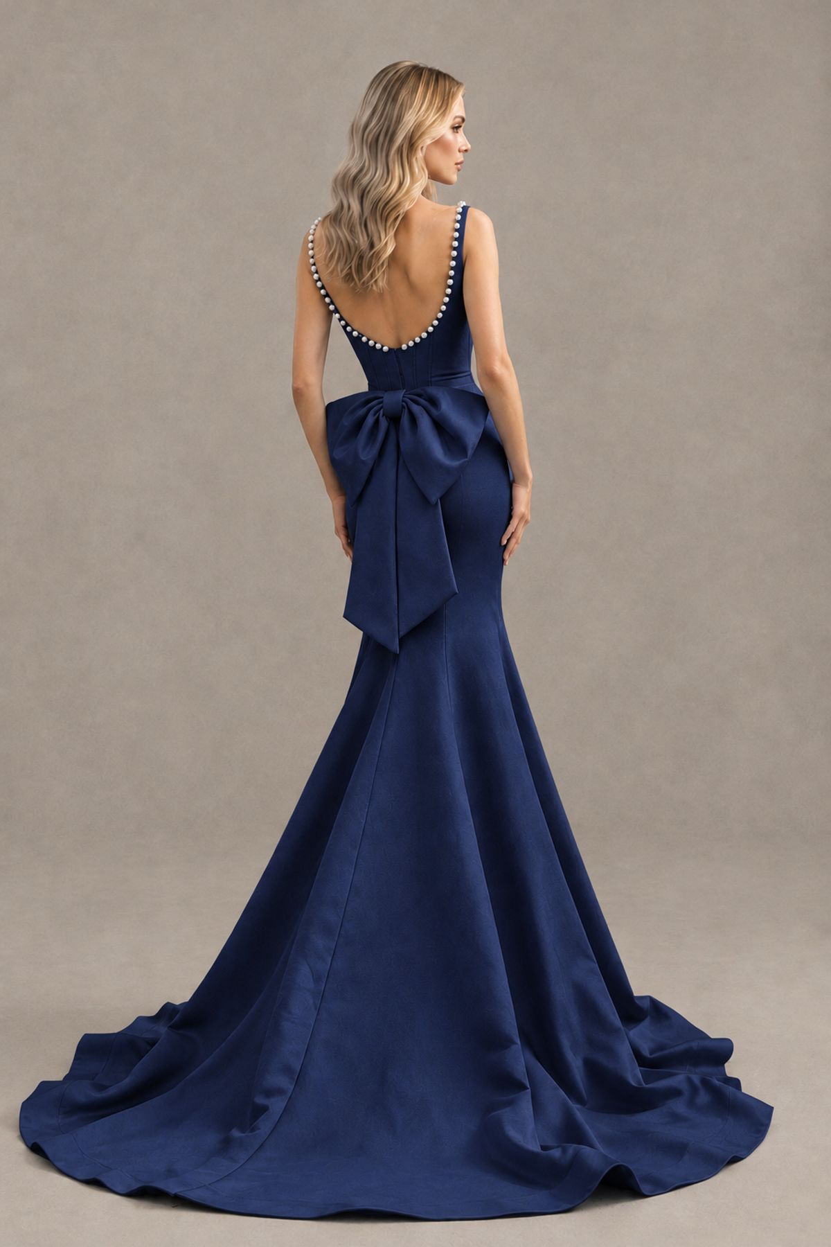 BOLODOO Navy Blue Pearl-Trim Mermaid Prom Dress with Back Bow - Navy Blue - Navy_Blue_2