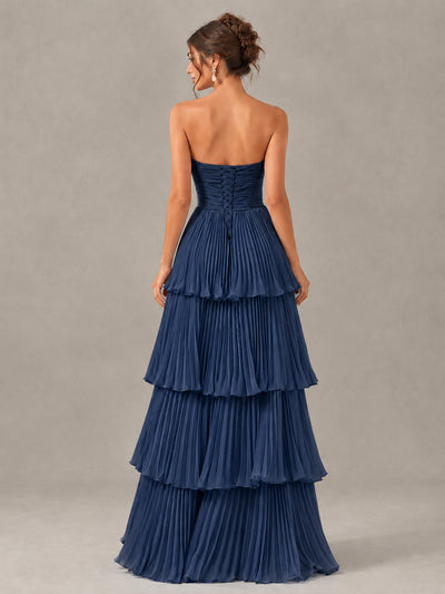 BOLODOO Navy Blue Strapless Tiered Pleated Bridesmaid Dress - Navy Blue - Navy Blue_2