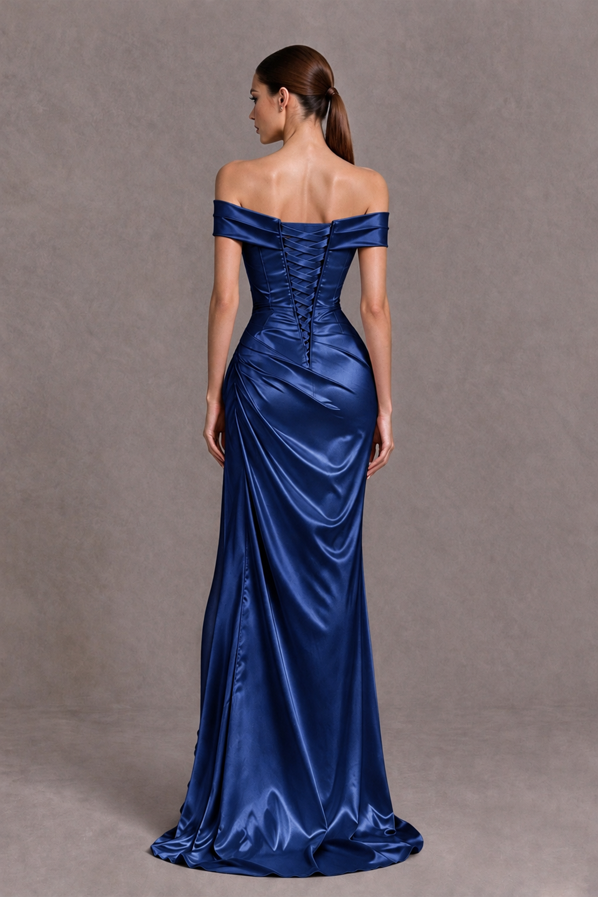 BOLODOO Navy Blue Off-the-Shoulder Ruched Satin Prom & Evening Dress with High Slit - Navy Blue - Navy Blue_2