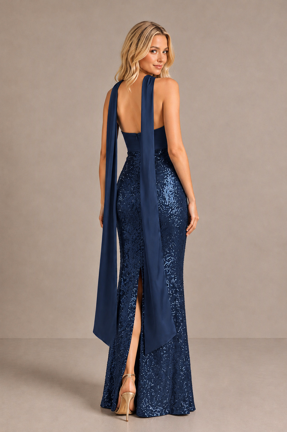 BOLODOO Navy Blue Strapless Sweetheart Evening Dress with Scarf - Navy Blue - Navy_Blue_2
