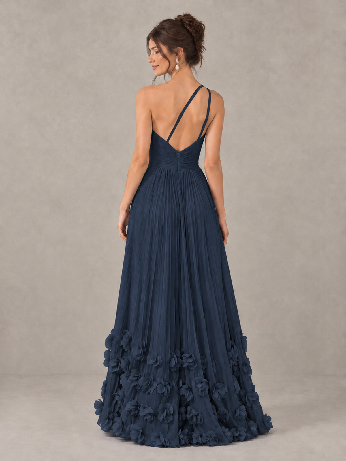 BOLODOO Navy Blue One-Shoulder Pleated Bridesmaid Dress with 3D Floral Hem - Navy Blue - Navy Blue_2