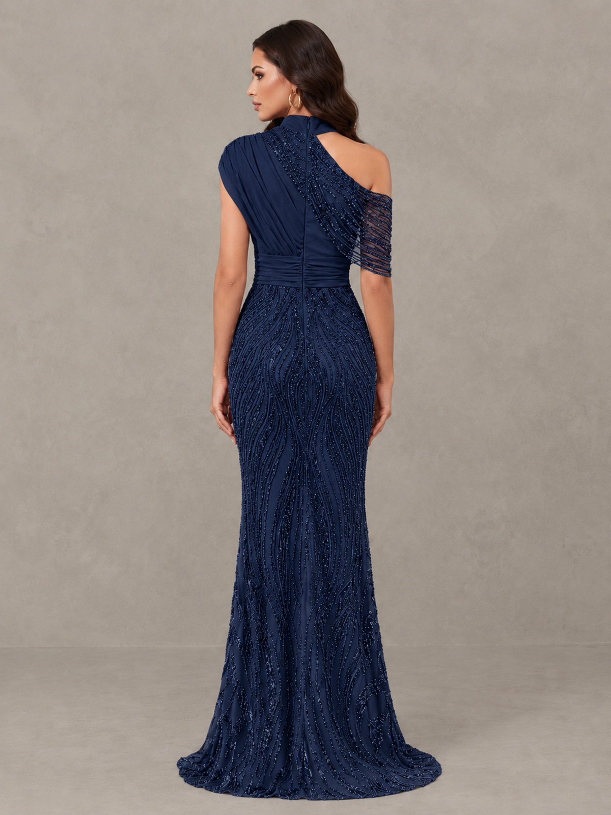 BOLODOO Navy Blue High Neck Draped Sequin Mermaid Evening Gown - Navy Blue - Navy Blue_2