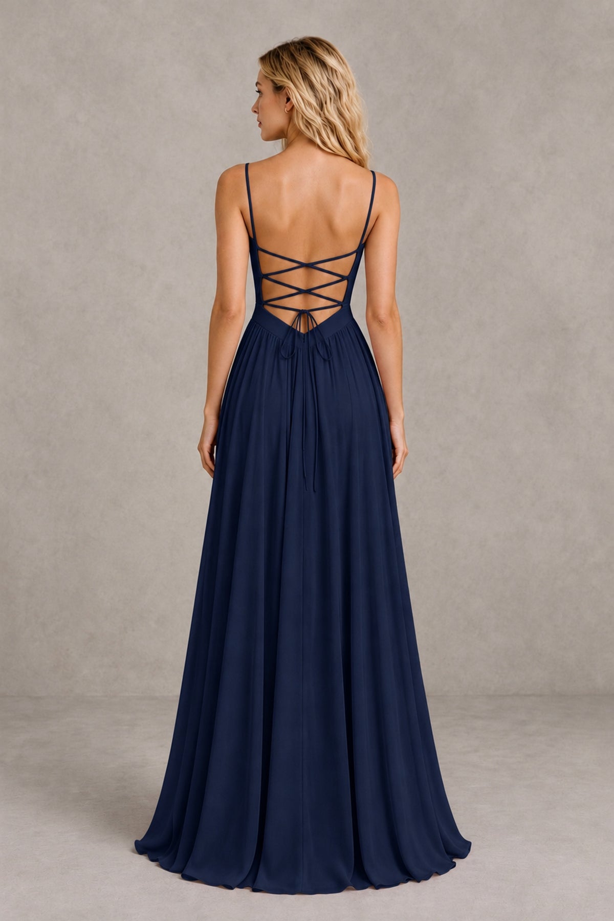 BOLODOO Navy Blue Spaghetti Strap A-Line Bridesmaid Dress with Slit - Navy Blue - Navy Blue_2